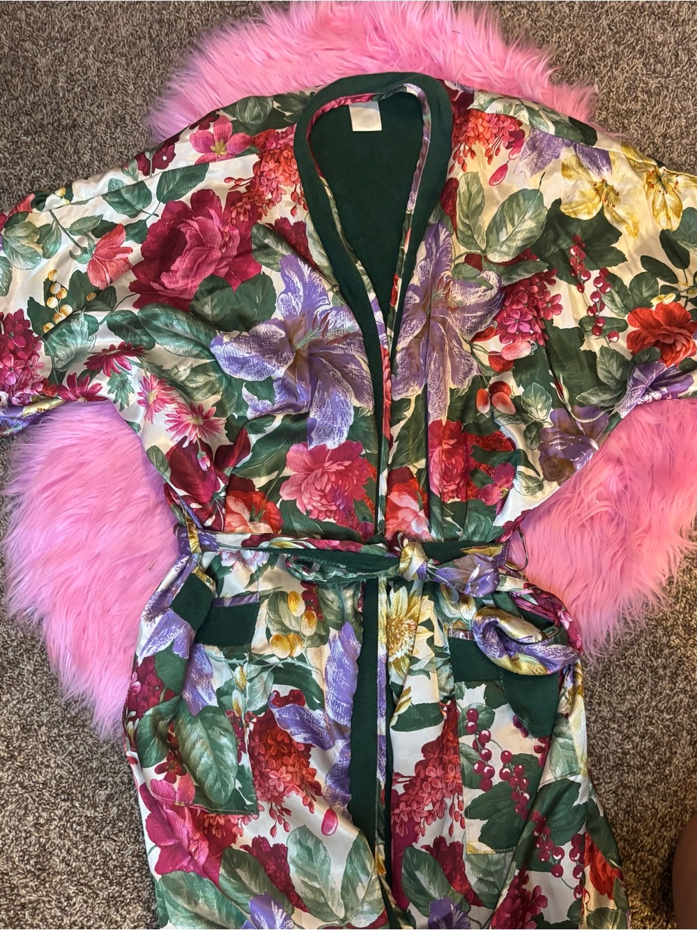 Vintage Adonna Floral Lounge Robe Women’s Medium Belted Satin Trim Housecoat 90s